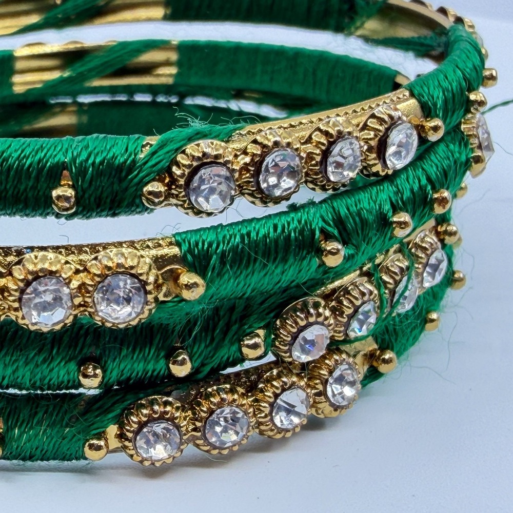 Y2K Emerald Green Rhinestone & Gold-Tone Thread-Wrapped Bangle Set - Picture 8 of 11
